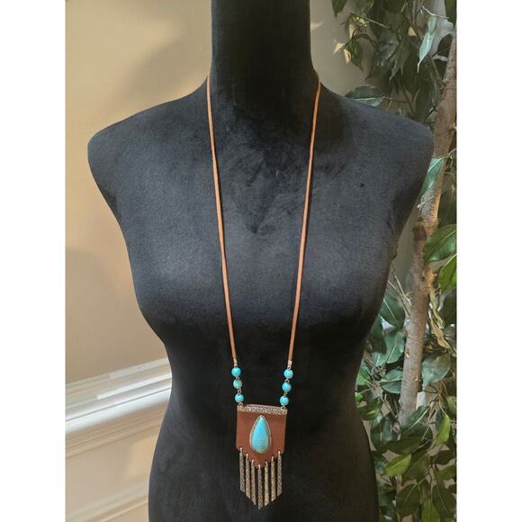 Women's Boho Turquoise Pendant Necklace With Fringe Design And Lobster Clasp - Picture 2 of 7